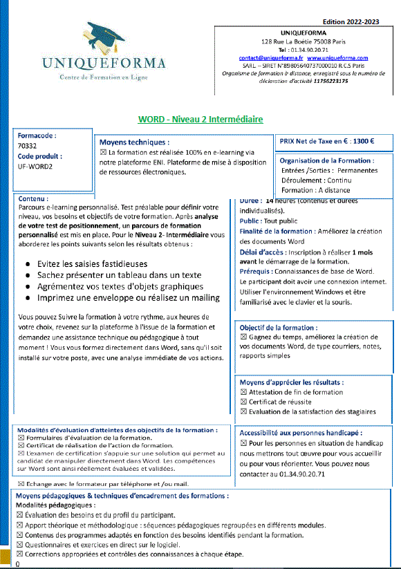 Formation Word - Niveau 2 - Aaccompagnement - Uniqueforma