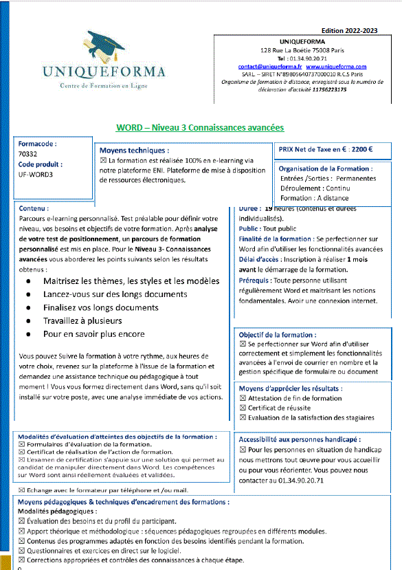 Formation World - NIveau 3 - Uniqueforma