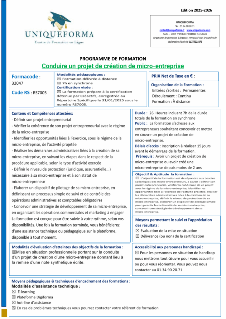 Uniqueformat, formation en ligne , projet