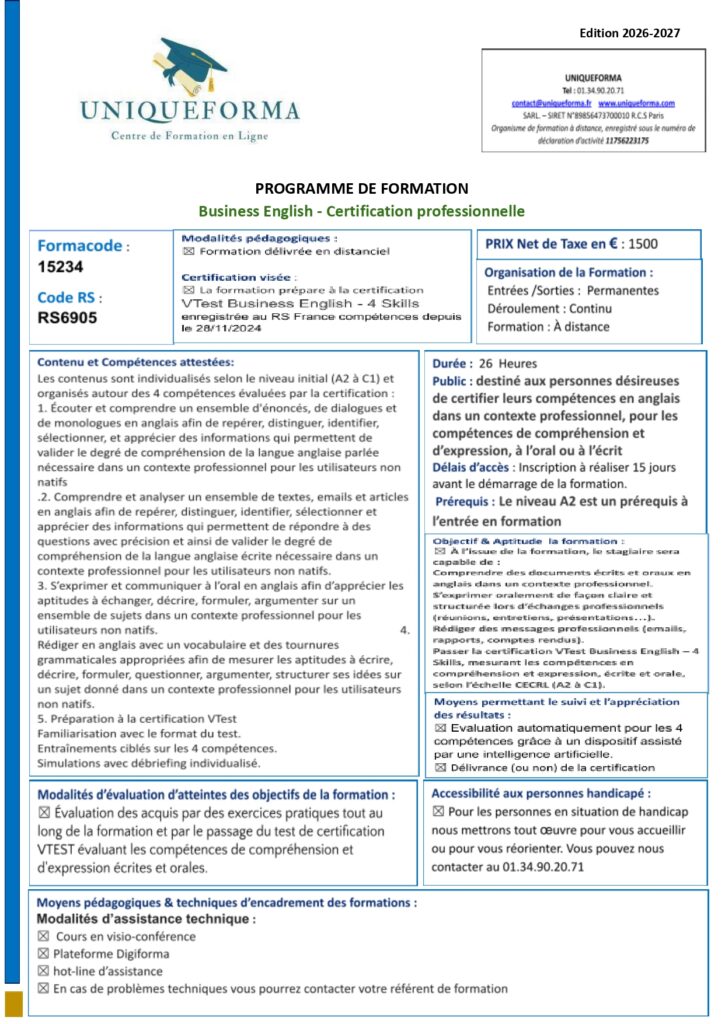 Uniqurforma formation Programme - Business English